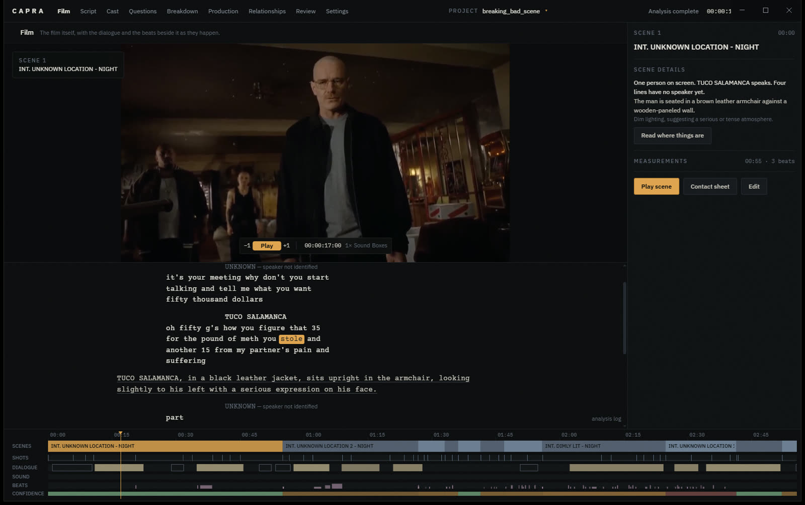 Capra playing a film, with the beats beside it and the timeline underneath